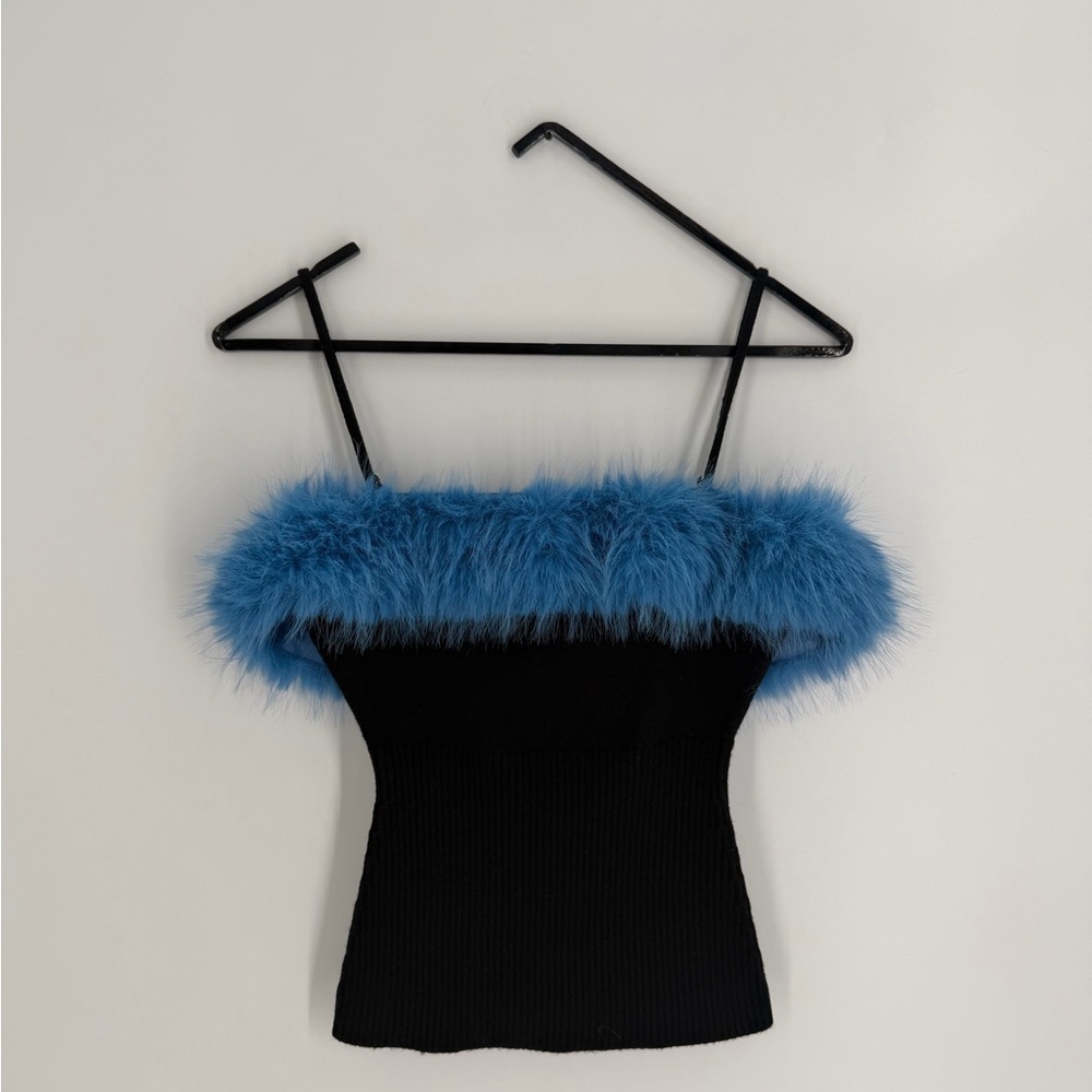Guizio Faux Fur Cami In Black Blue